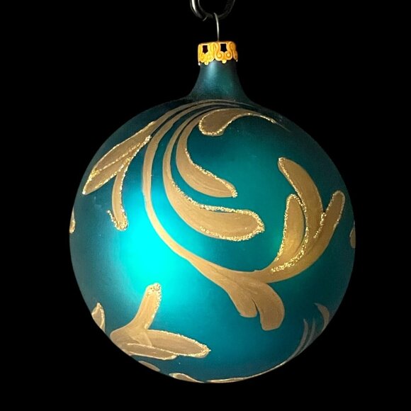 Vintage Glass Christmas Ornament Green Gold Hand-Painted – Made in Italy - Picture 1 of 5
